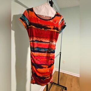 Juniors large orange and pink Ruched mini dress